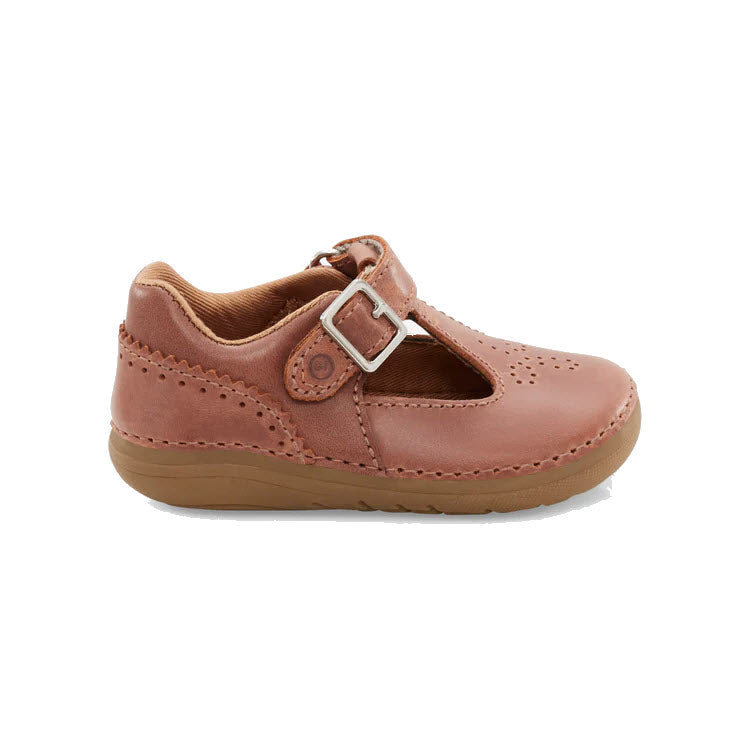 A single brown leather Stride Rite Mary Jane shoe with a hook and loop closure and decorative perforations, displayed against a white background.
