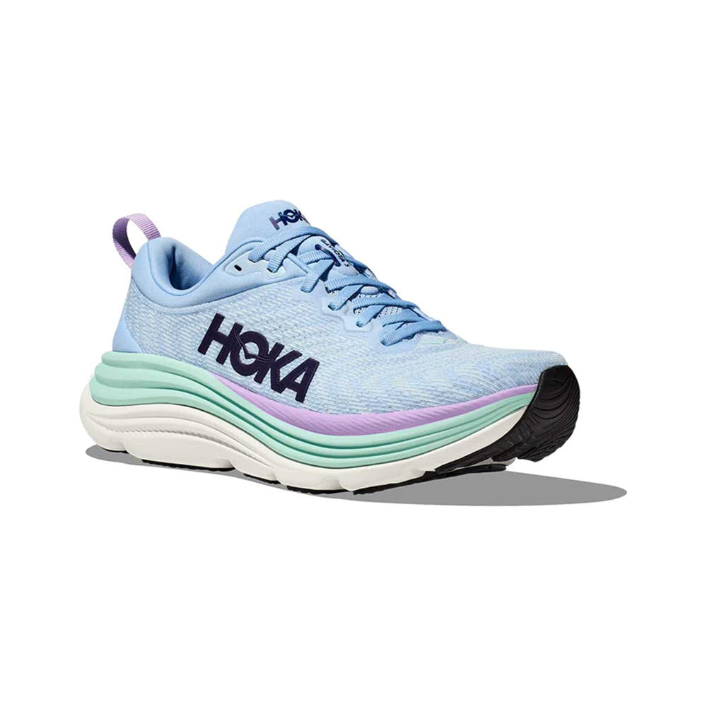 A single Hoka Gaviota 5 Airy Blue/Sunlit Ocean stability running shoe in pastel blue with green and purple accents, displayed against a white background.