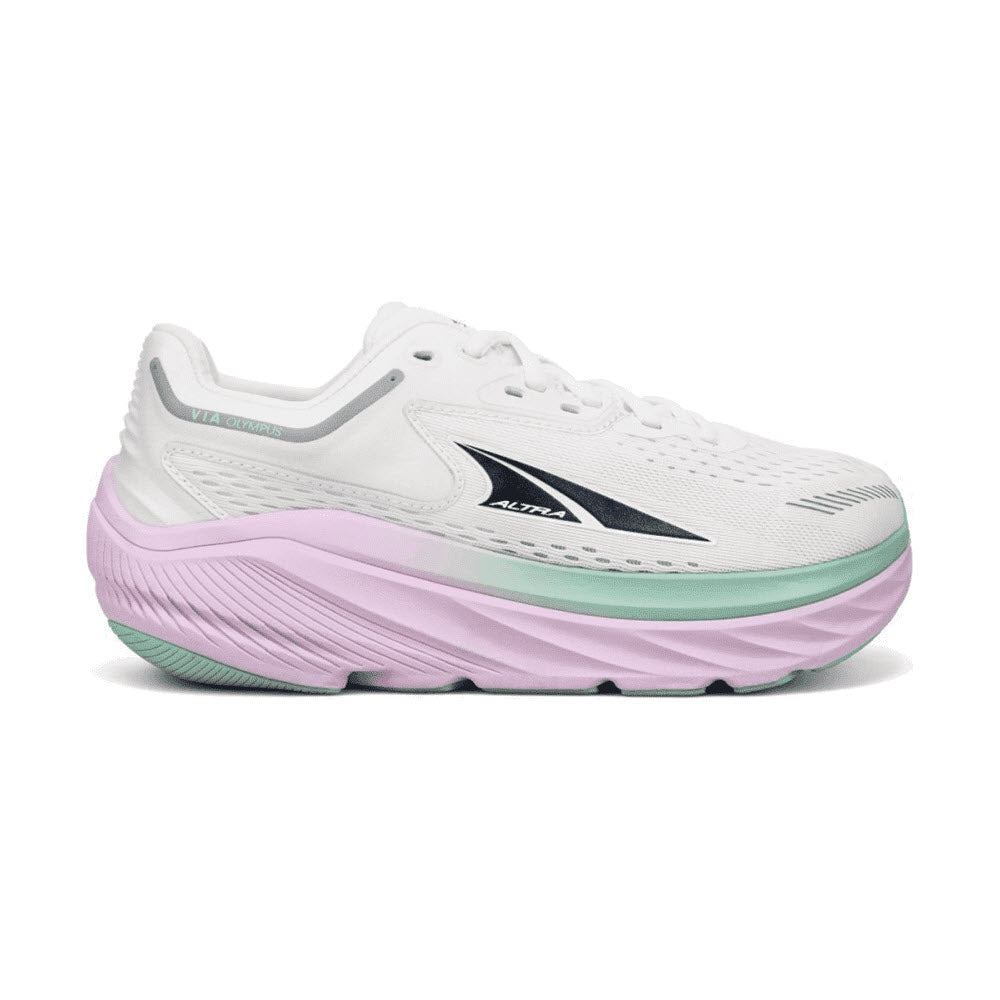 A side view of a white and pink Altra VIA Olympus running shoe featuring a thick sole and the brand's logo on the side.