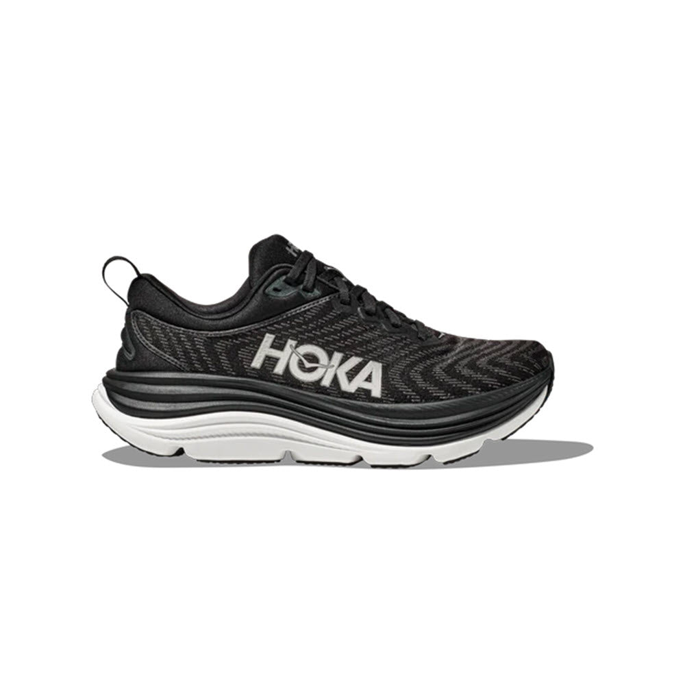 A single black and white HOKA GAVIOTA 5 BLACK/WHITE - WOMENS stability running shoe displayed against a white background.