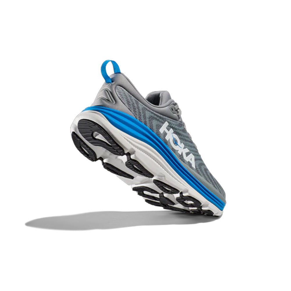 A single gray and blue Hoka GAVIOTA 5 LIMESTONE/DIVA BLUE running shoe with Bondi-level cushioning, suspended in the air against a white background.