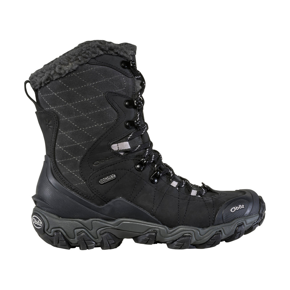 A Oboz Bridger 9" Insulated B-Dry Black Sea hiking boot with quilted detailing, fur lining at the collar, and a rugged sole, branded with the Oboz logo.