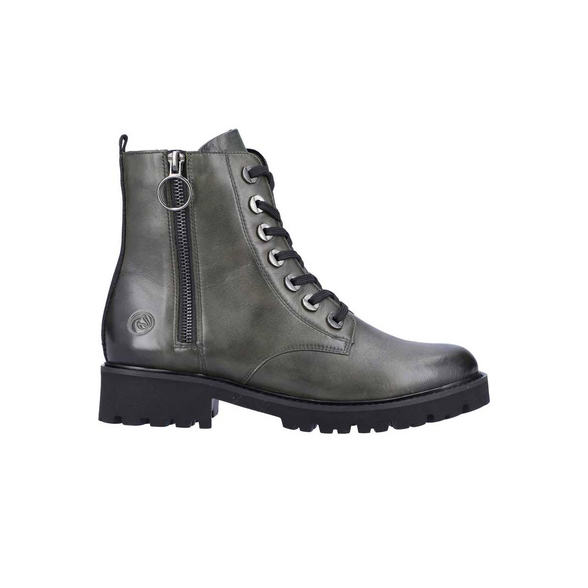 A dark green faux-leather boot with laces and a side zipper, featuring a thick rubber sole and a small circular logo on the side, Remonte Tailored Combat Bootie Forest Green - Womens.