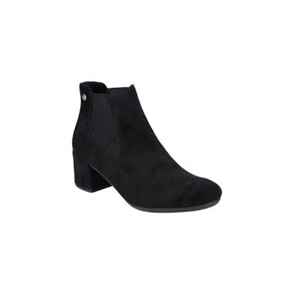 RIEKER BLOCK HEEL DRESS BOOTIE BLACK STRETCH - WOMENS with a low block heel, elastic side panels, and a button detail on the outer side by Rieker.