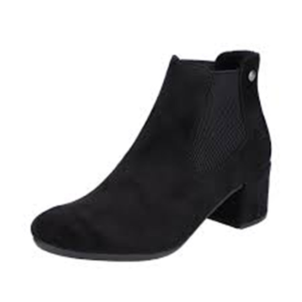 A black Chelsea boot with a low block heel and elastic side panels, the Rieker RIEKER BLOCK HEEL DRESS BOOTIE BLACK STRETCH - WOMENS offers both style and comfort.