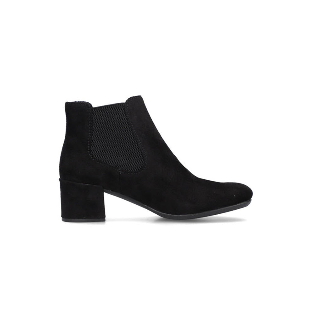 The Rieker RIEKER BLOCK HEEL DRESS BOOTIE BLACK STRETCH - WOMENS features a block heel and elastic side panels, blending the classic style of Chelsea boots with modern comfort.