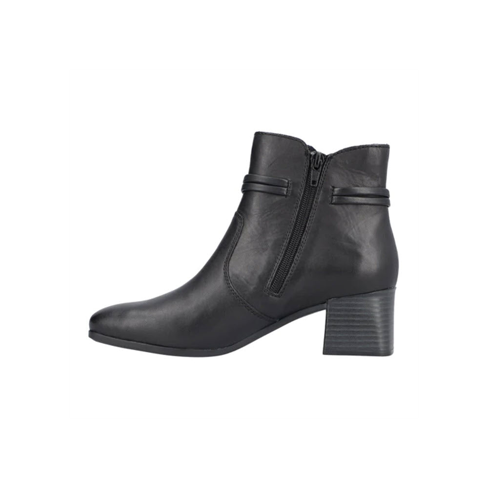 The RIEKER BLOCK HEEL DRESS BOOTIE BLACK LEATHER - WOMENS features a side zipper, low block heel, and anti-stress insoles for all-day comfort.