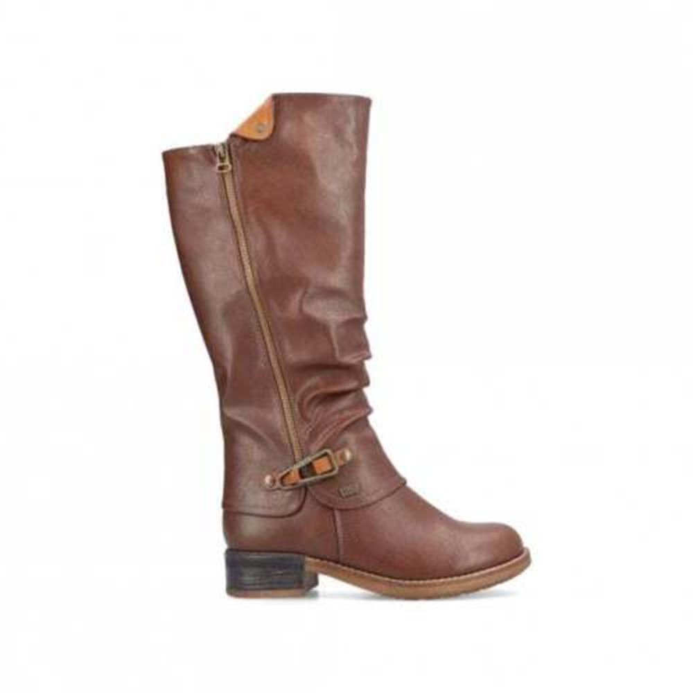 RIEKER RIDING BOOT WITH BUCKLE CHOCOLATE - WOMENS boot with buckle detail and a small heel, designed for water resistance, shown against a plain white background.