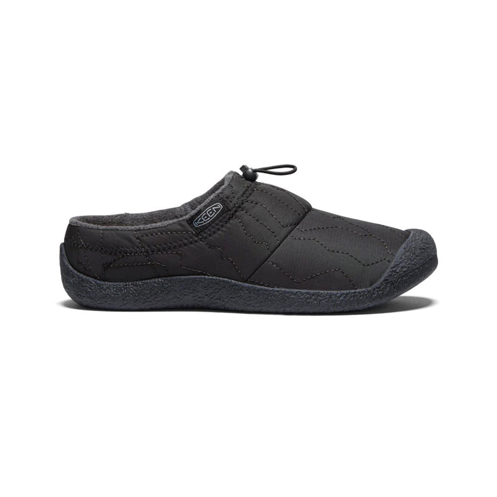 Side view of a single black Keen Howser III Slide Triple Black - Mens hybrid slip-on shoe with stitching details and a drawstring closure on a white background.