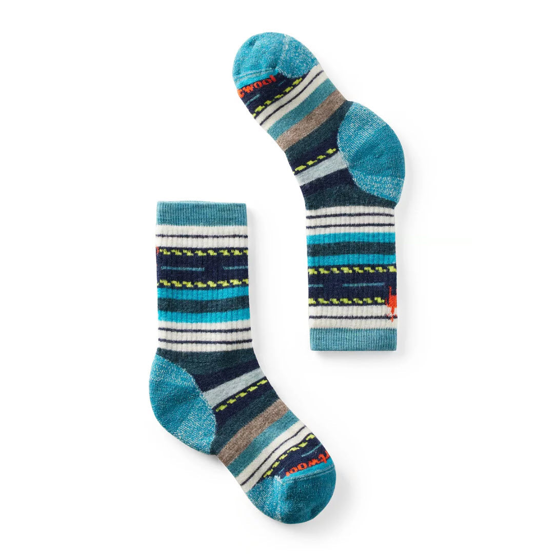 A pair of Smartwool kids' Merino wool hiking socks with colorful horizontal stripes in shades of blue, gray, and yellow, displayed on a white background.
