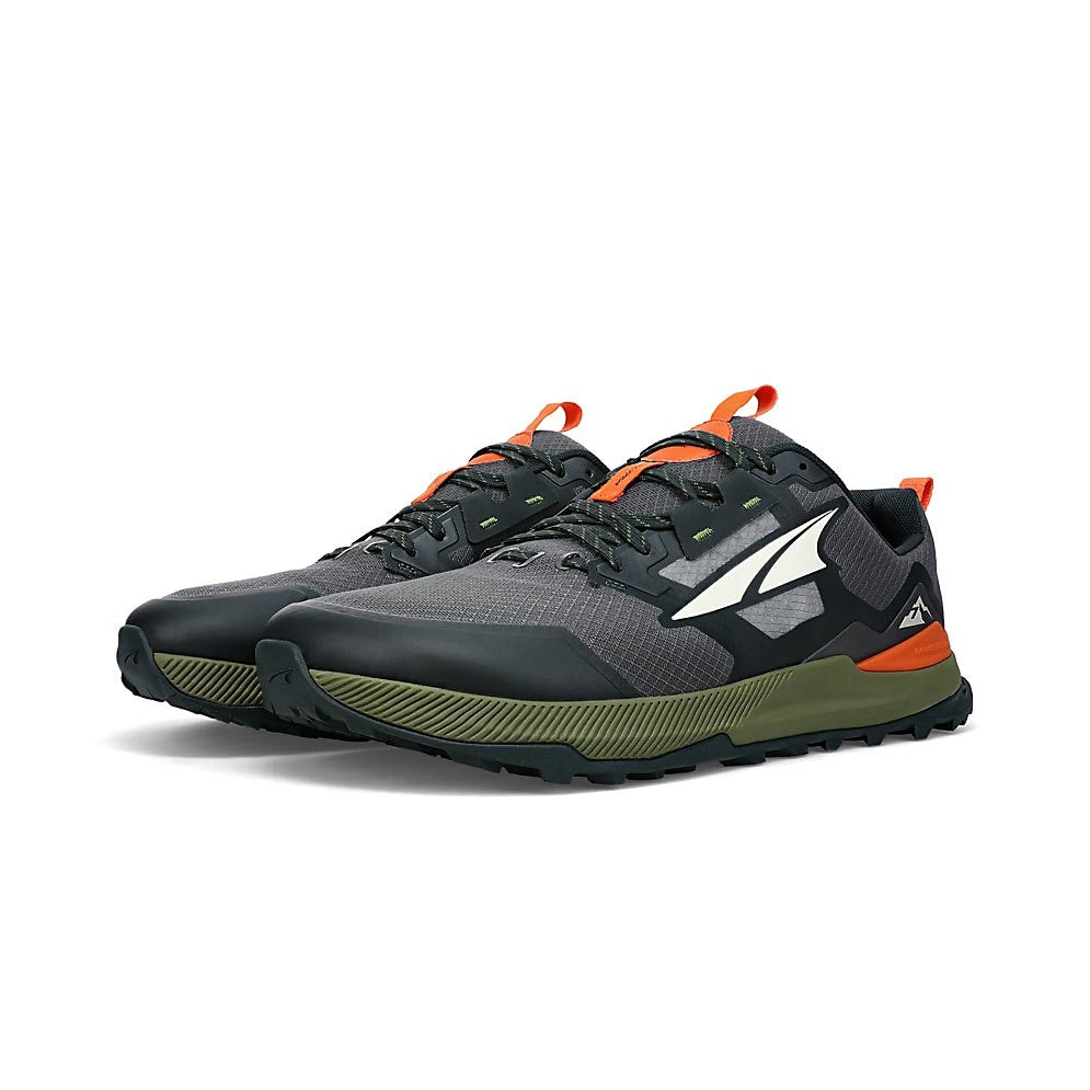 A pair of Altra Lone Peak 7 black/gray trail shoes with a prominent logo on the side, displayed against a white background.
