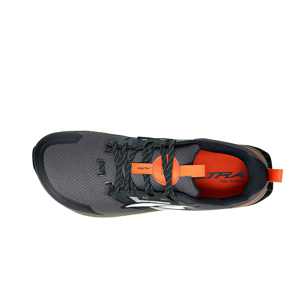 Top view of an Altra Lone Peak 7 Black/Gray - Mens trail shoe with prominent lacing and a rugged MaxTrac™ outsole.