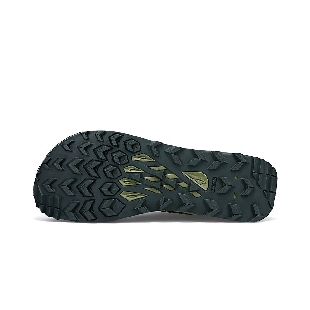 A close-up of a dark gray Altra Lone Peak 7 trail shoe sole with a rugged tread pattern and MaxTrac™ outsole featuring gold triangular details.