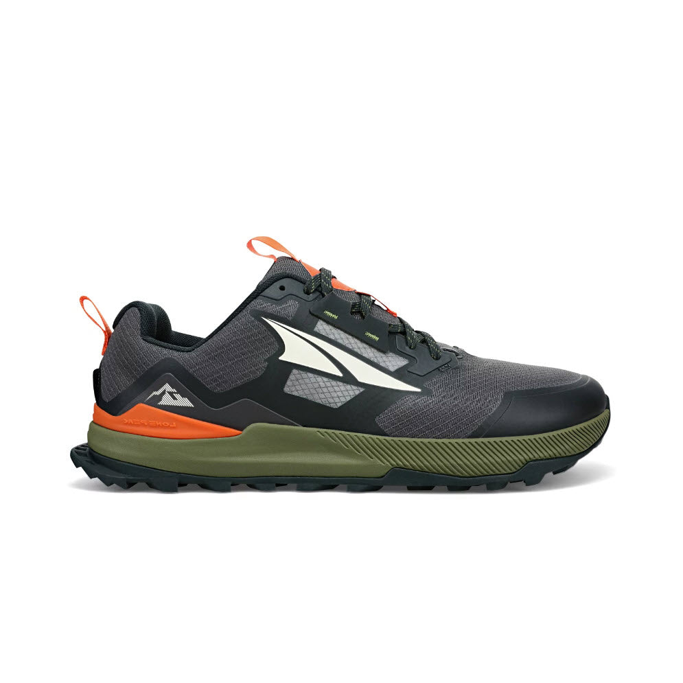 A single Altra Lone Peak 7 Black/Gray - Mens trail shoe with a dark grey and black upper, bright orange accents, and a MaxTrac™ outsole, displayed on a white background.
