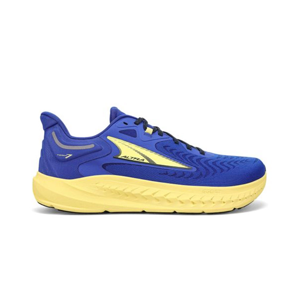 A blue and yellow Altra Torin 7 running shoe with a thick Altra EGO™ MAX foam sole, viewed from the side.