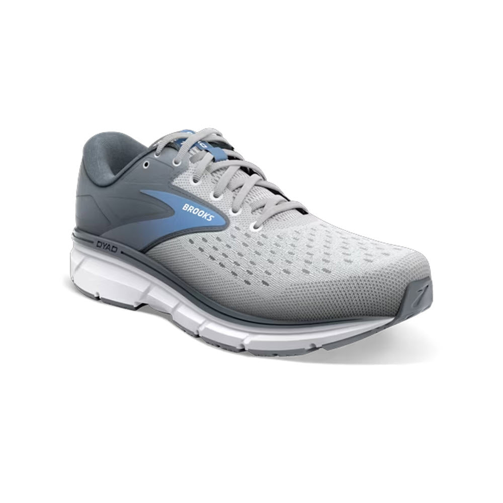 A single gray and blue Brooks Dyad 11 running shoe, designed for neutral runners with BioMoGo DNA cushion, displayed against a white background.