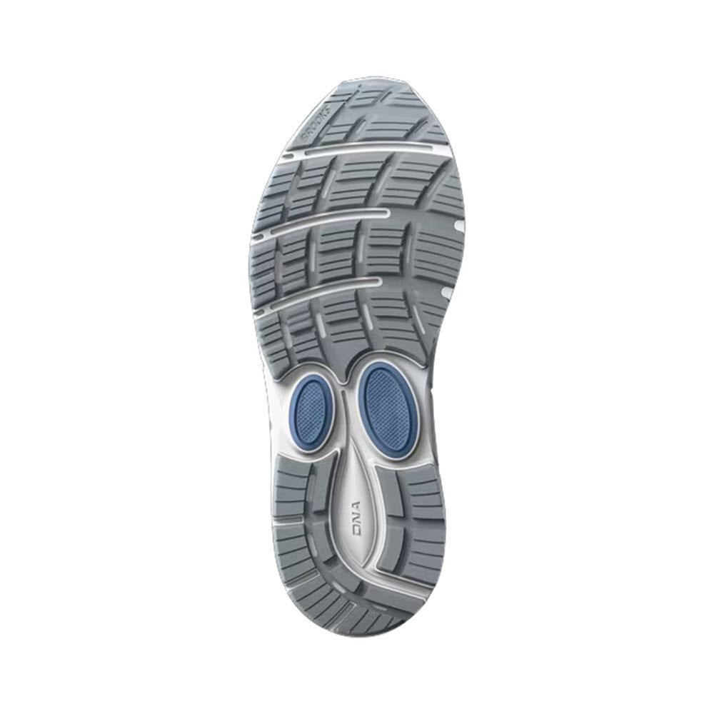 Sole of a Brooks Dyad 11 Grey/White/Blue - Womens displaying tread pattern and BioMoGo DNA cushion technology for neutral runners.