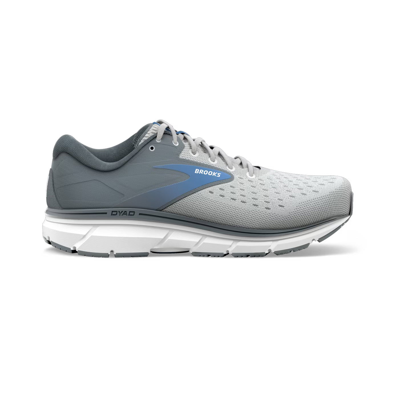 A single grey and white Brooks Dyad 11 running shoe for neutral runners against a white background.