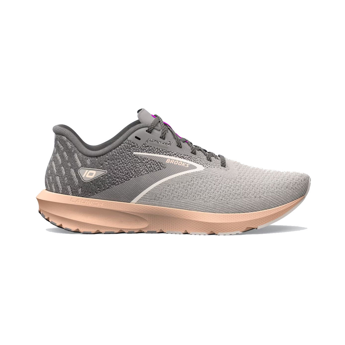A single Brooks Launch 10 running shoe with a grey knitted upper and beige sole, featuring responsive cushioning and the logo on the side.