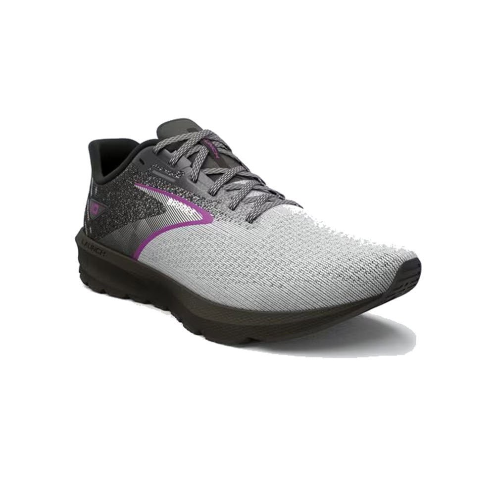 A single gray Brooks running shoe with a pink logo, featuring a breathable mesh upper and responsive cushioning.