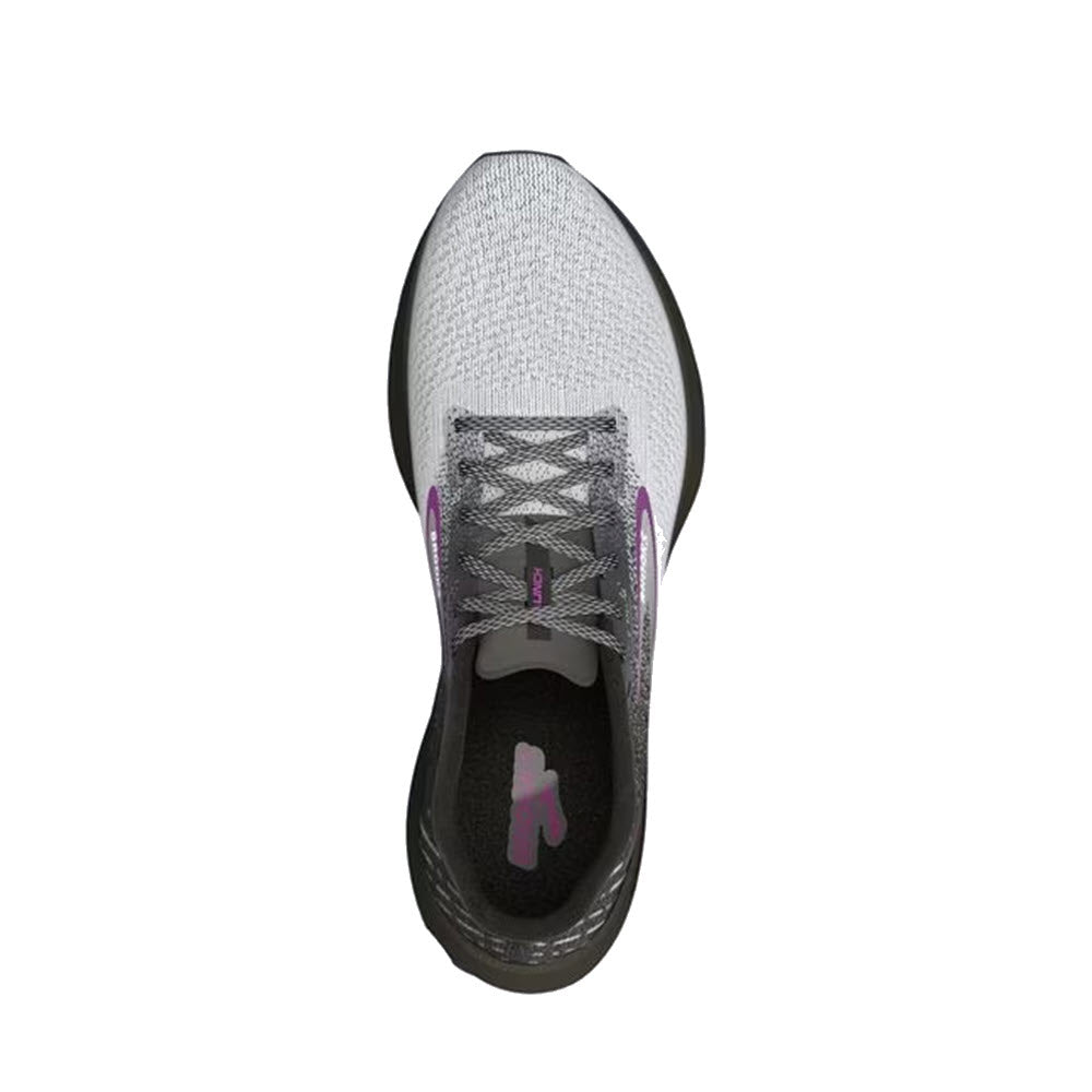 Top view of a Brooks Launch 10 Black/White/Violet - Womens running shoe with laces tied, shown on a white background.