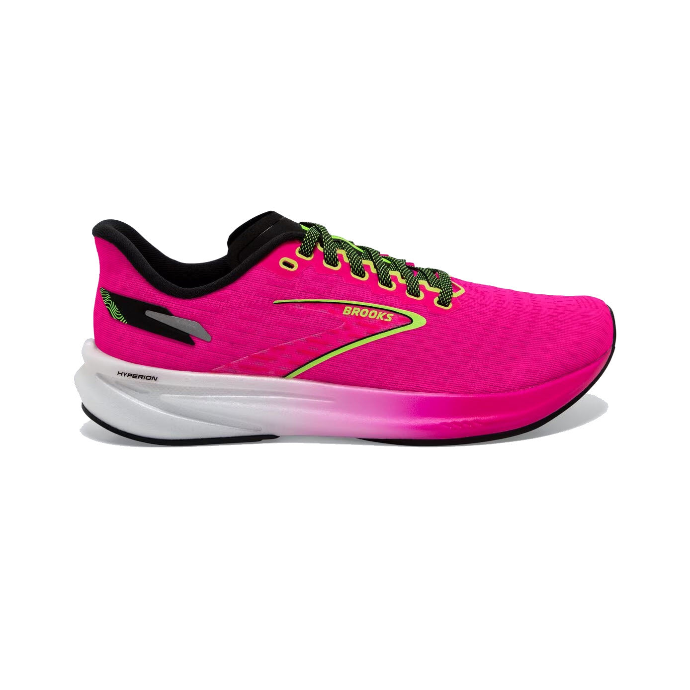 A bright pink Brooks Hyperion running shoe with neon green laces and accents, featuring a white sole and black inner lining, designed for speedy training days.