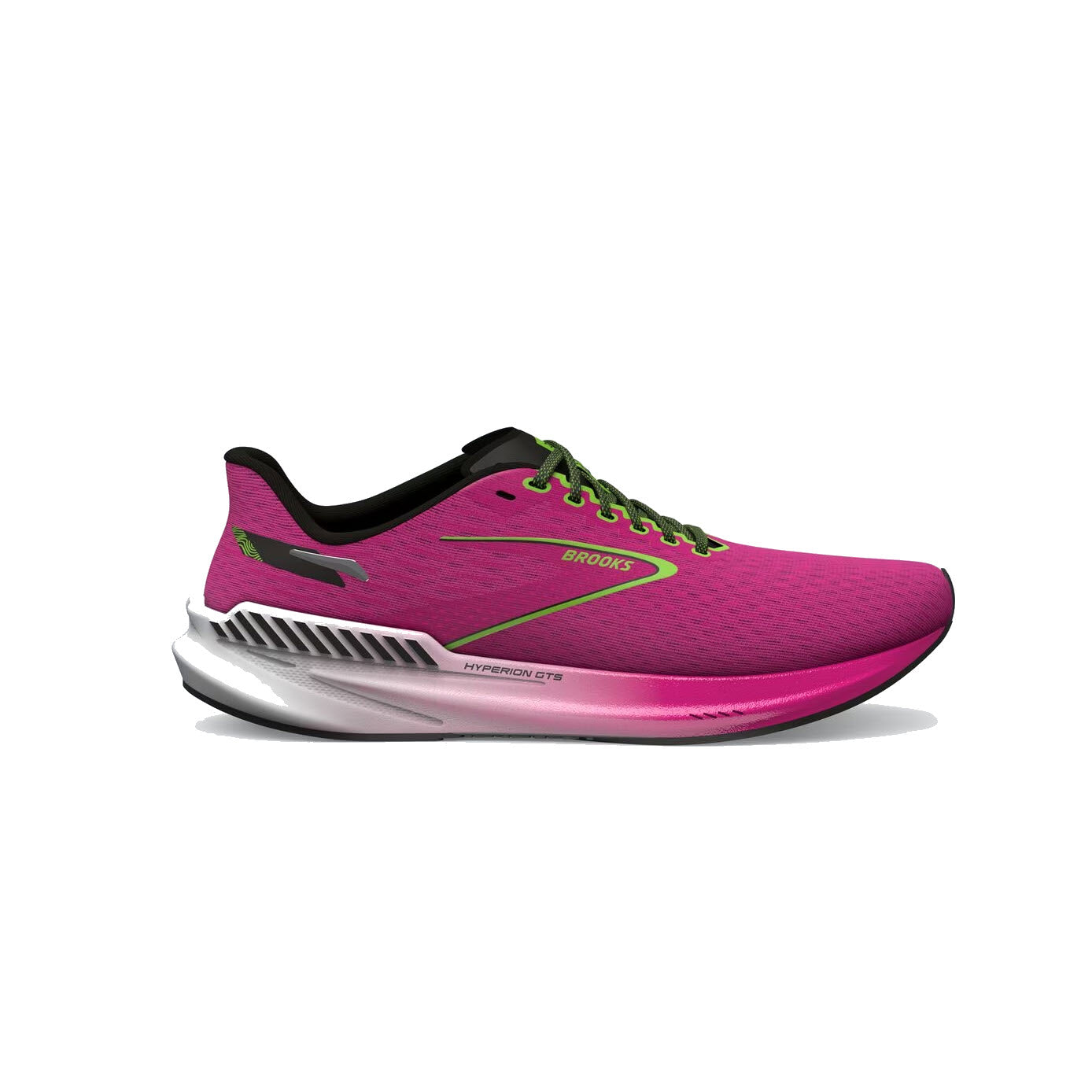 A pink Brooks Hyperion GTS running shoe featuring green laces and a white sole, isolated on a white background.