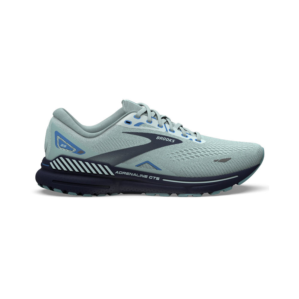 A single Brooks ADRENALINE GTS 23 BLUE GLASS/NILE BLUE/MARINA running shoe, light gray with blue accents, viewed from the side against a white background.