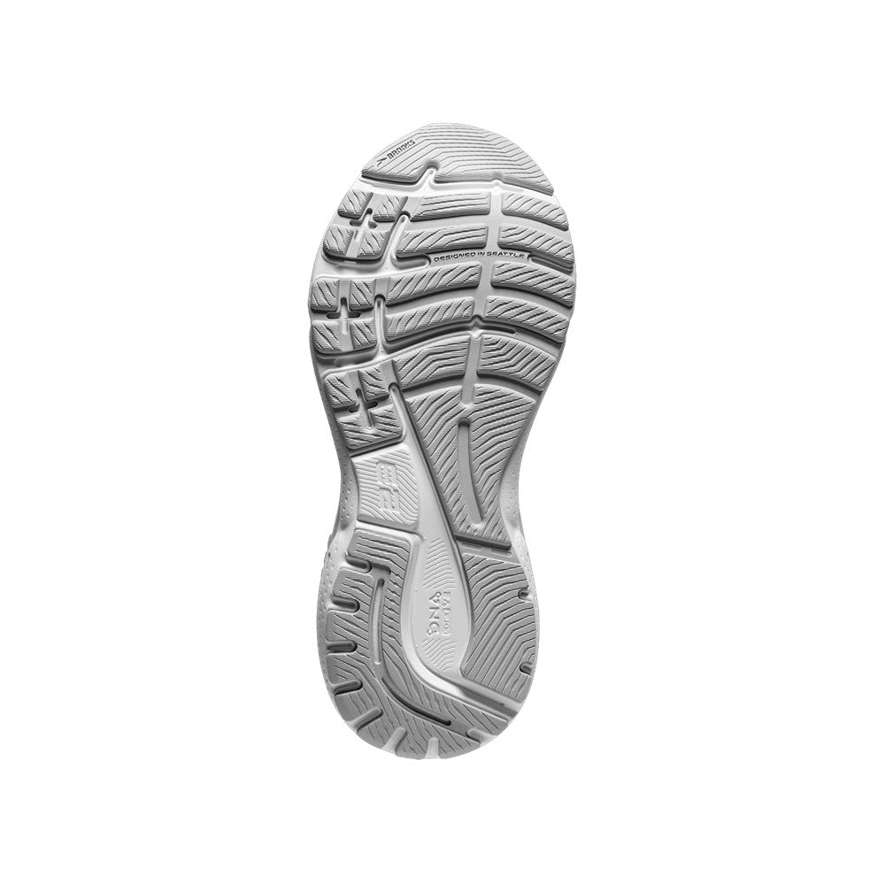 Bottom view of Brooks Adrenaline GTS 23 White/Oyster/Silver - Women&#39;s sole, displaying intricate tread patterns and branding details.