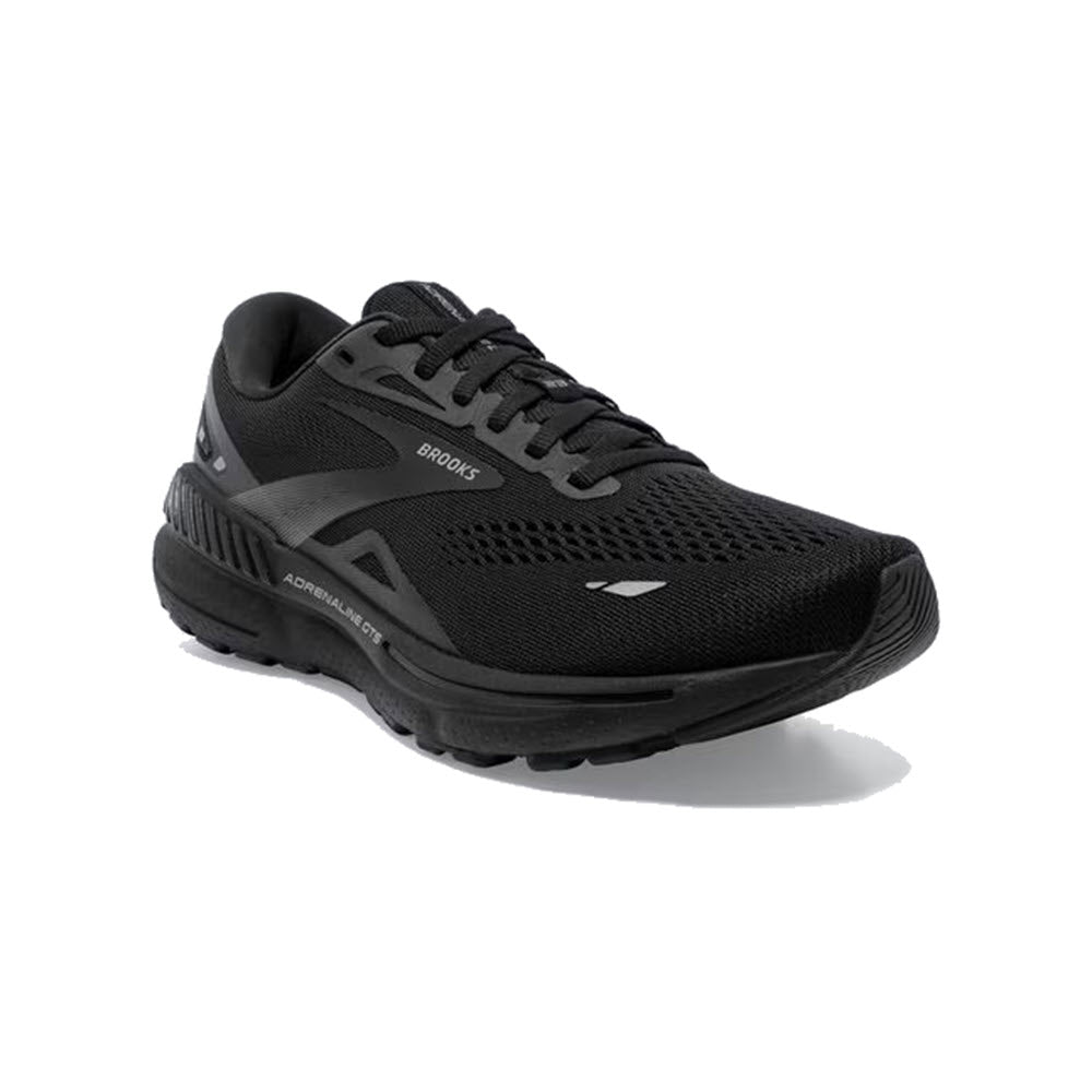 Black stability running shoe with DNA LOFT v2 cushioning on a white background. Product: Brooks Adrenaline GTS 23 Black/Black/Ebony - Womens.