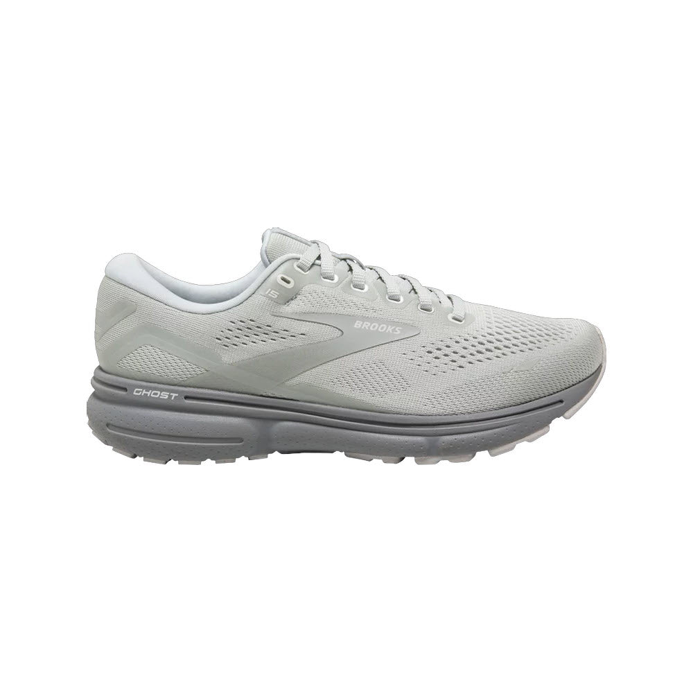 A single white Brooks Ghost 15 Green Silence running shoe displayed against a clean, neutral background, featuring lace-up closure and soft cushioning.