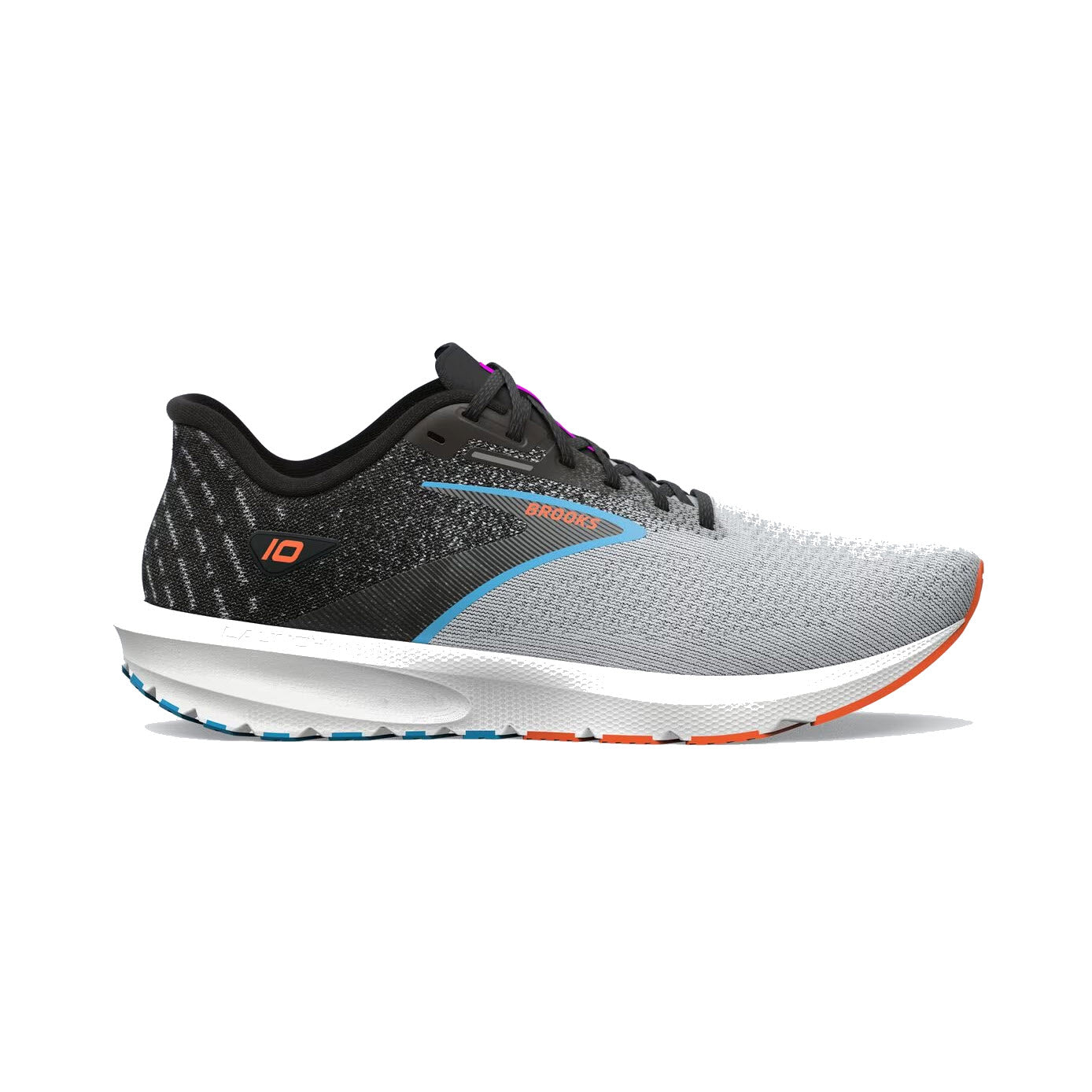A pair of Brooks LAUNCH 10 BLACK/GREY/ORANGE CLOWN FISH road-running shoes, with a black and grey breathable upper and a white sole, highlighted by orange and blue accents.