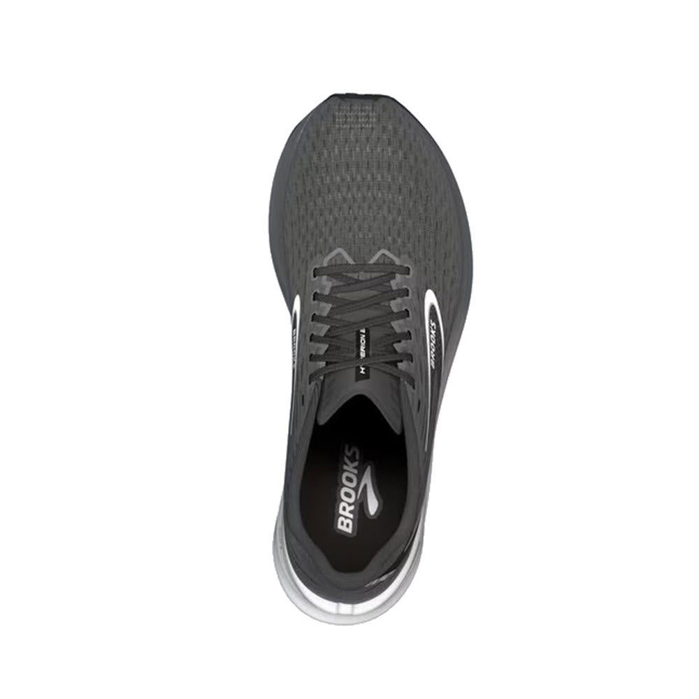 Top view of a gray Brooks Hyperion running shoe with laces, focusing on the tread and brand logo visible inside the shoe, designed for speedy training days.