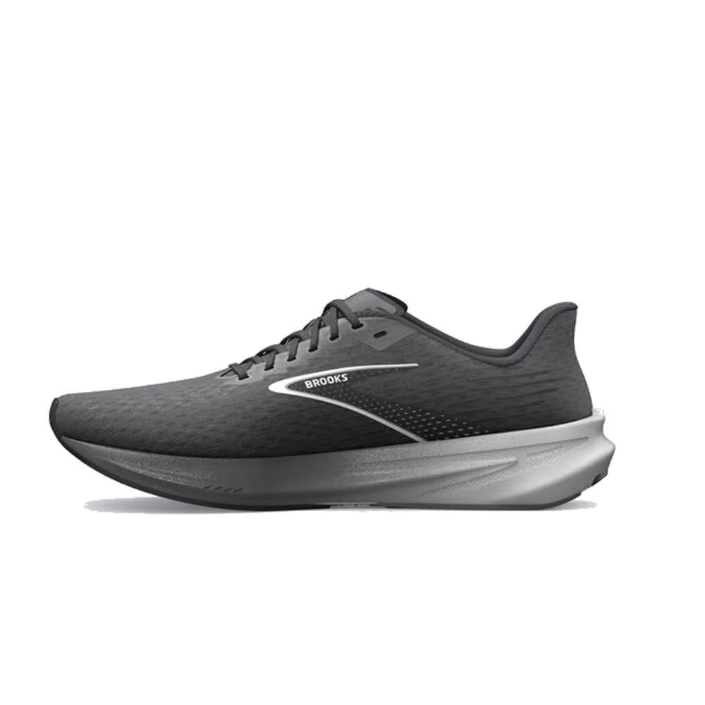 A single black and gray Brooks Hyperion Gunmetal/Black/White - Mens running shoe with ultralight cushioning displayed in a side profile view on a white background.