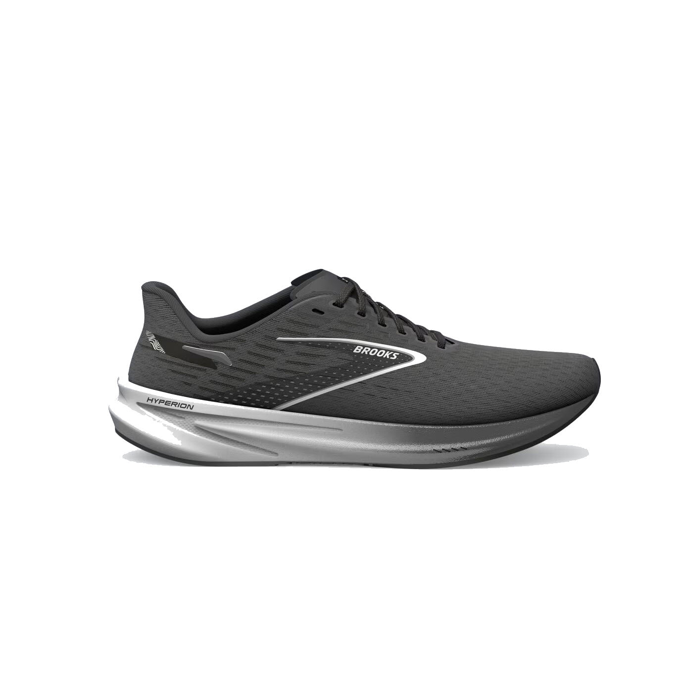 A single Brooks Hyperion Gunmetal/Black/White running shoe, viewed from the side, showcasing its design and logo with ultralight cushioning.