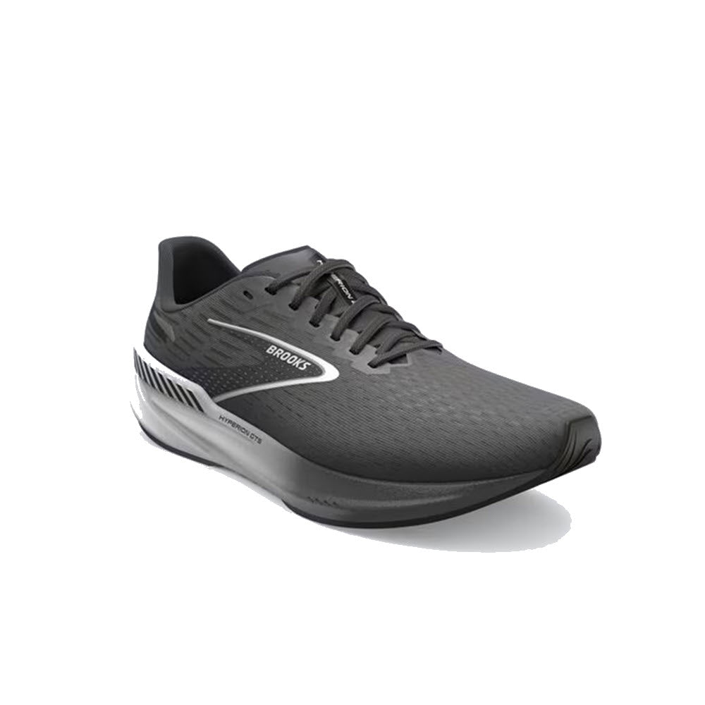A black Brooks Hyperion GTS Gunmetal/Black/White men&#39;s training shoe displayed against a white background.