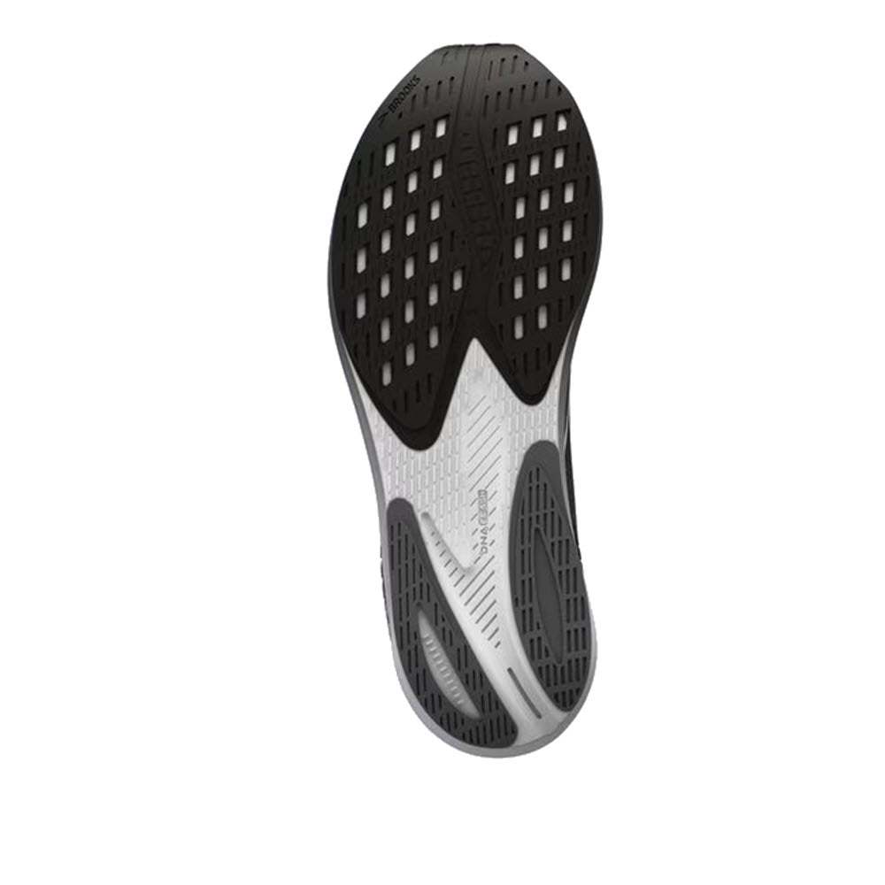 Sole of a Brooks men&#39;s training shoe displaying a black and white tread pattern with textured sections for grip and stability.