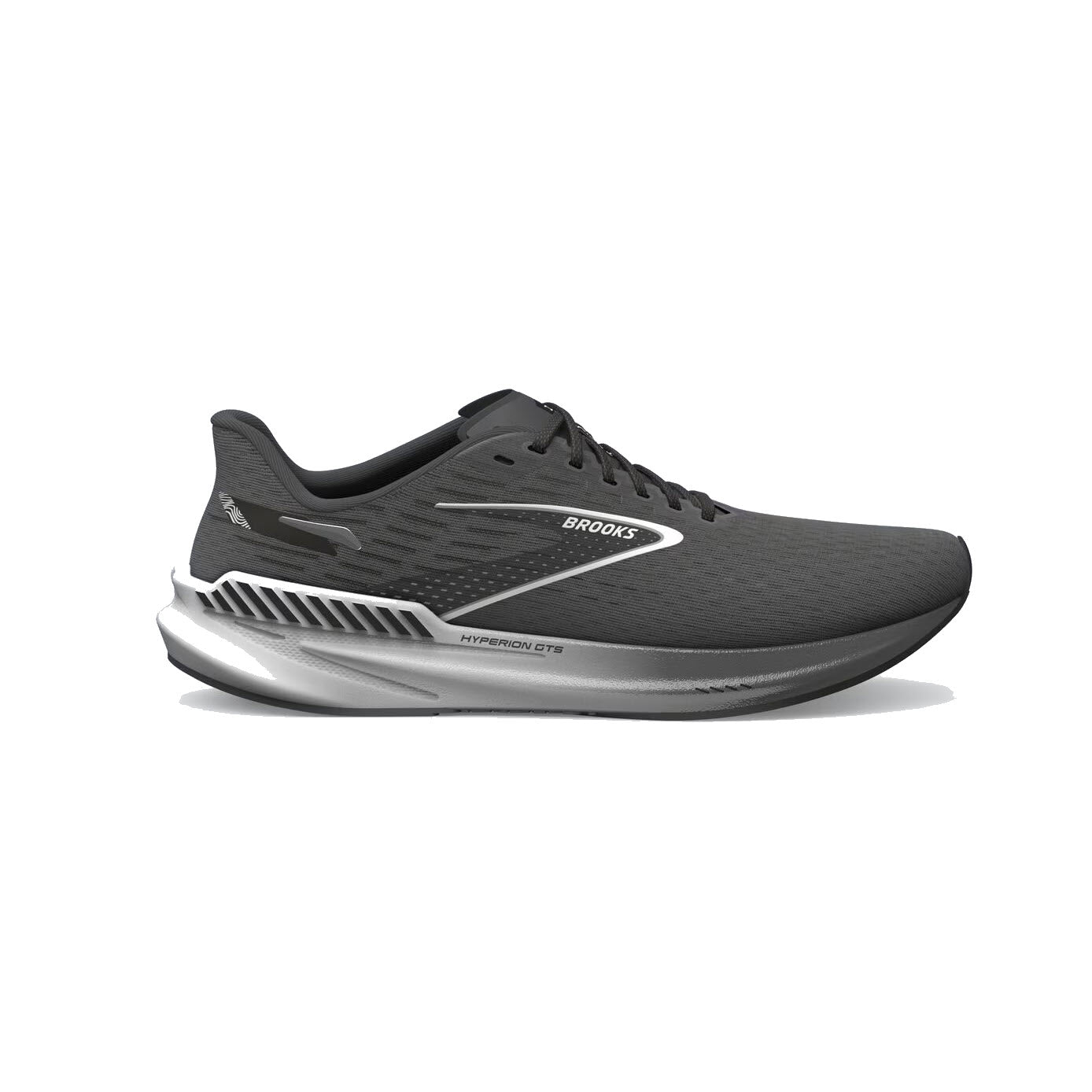 A single Brooks Hyperion GTS Gunmetal/Black/White running shoe, displayed in a side view on a white background.