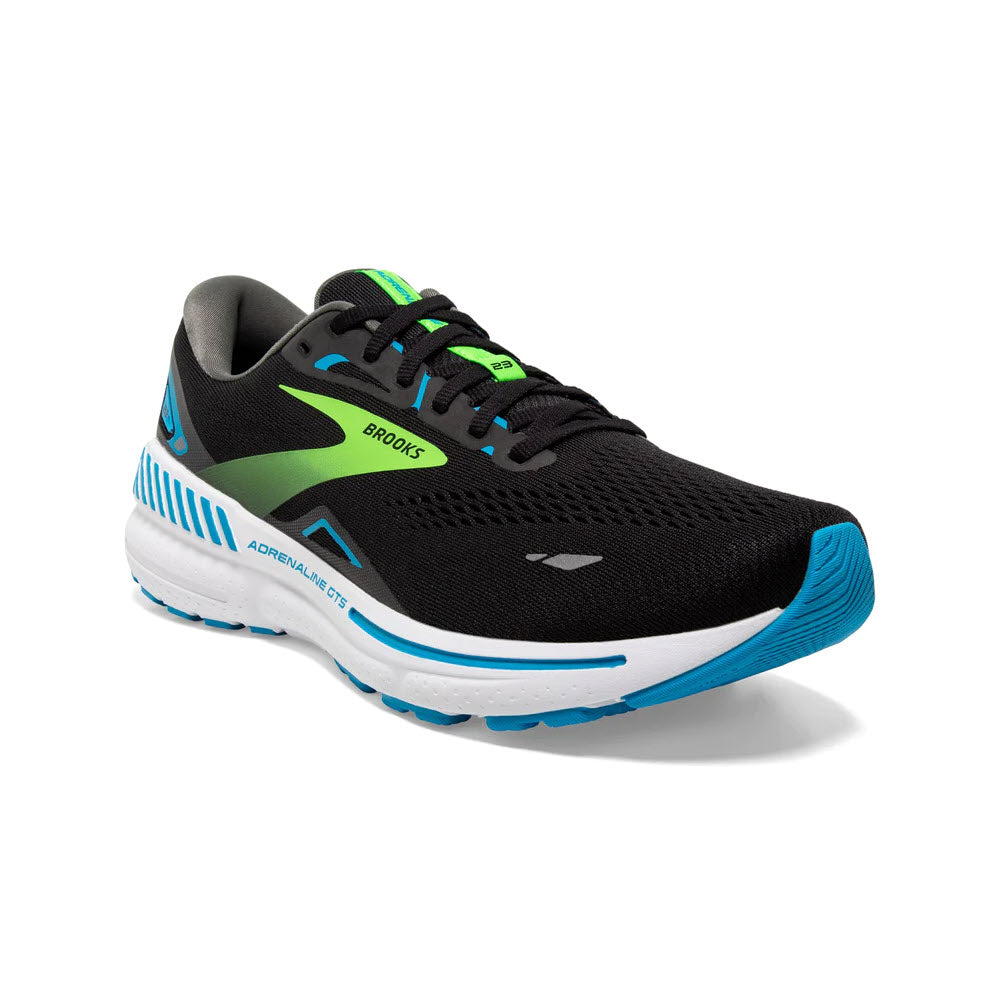 A black and blue Brooks Adrenaline GTS 23 stability running shoe with green accents on a white background.