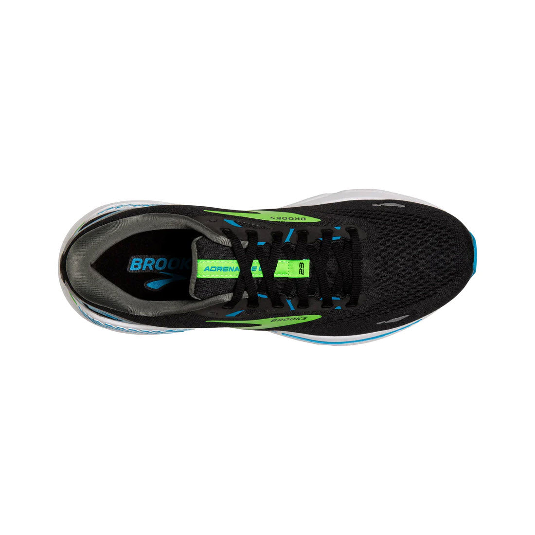 Top view of a single black Brooks Adrenaline GTS 23 stability running shoe with blue and neon green accents.