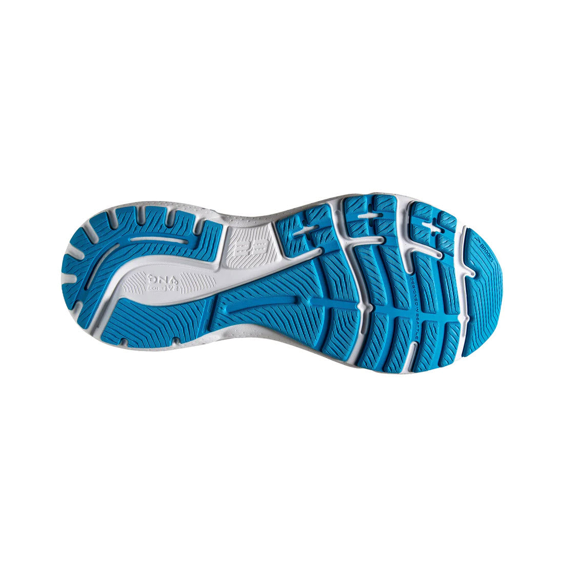 Sole of a Brooks Adrenaline GTS 23 Black/Hawaiian Ocean/Green - Mens stability running shoe with blue and white tread pattern, showcasing intricate grip design and brand embossing.