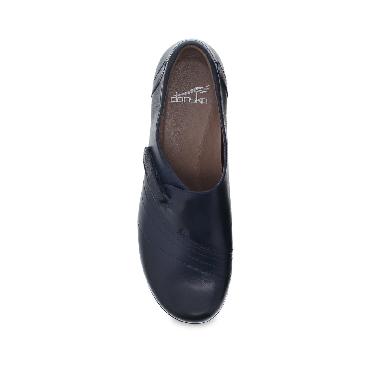 Top view of a single navy blue Dansko Franny women&#39;s shoe with arch support on a white background.