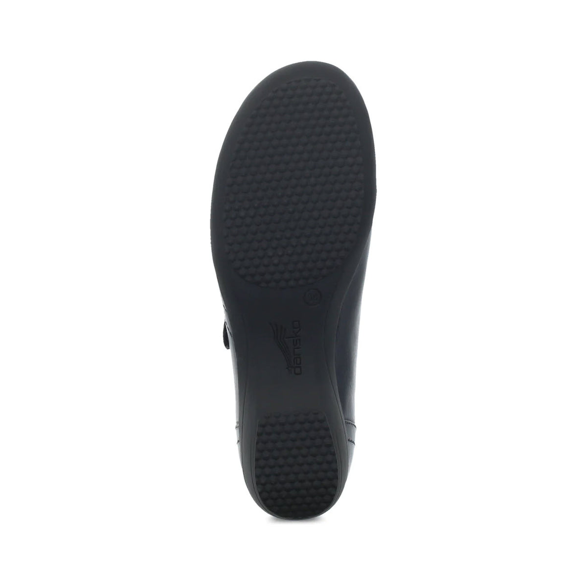 Bottom view of a Dansko Franny navy burnished ballet flat shoe showing a textured sole with arch support and the Dansko logo.