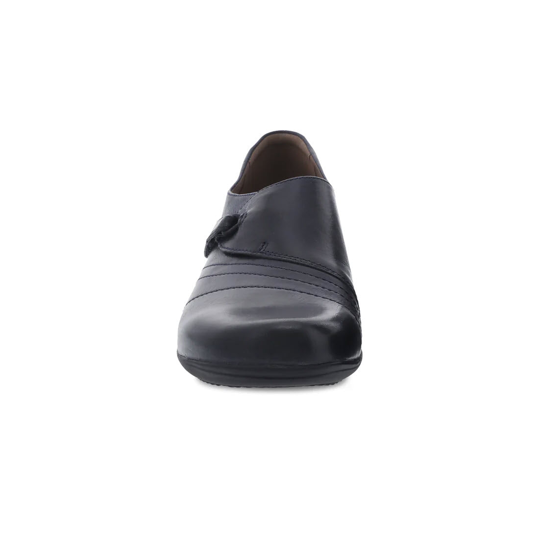 A single Navy Burnished leather shoe with arch support and a tassel on the front, viewed from the front on a white background.