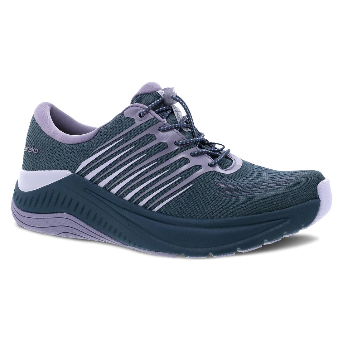 A single gray and purple Dansko Penni Denim Mesh - Women&#39;s performance walking sneaker with bungee lace, featuring a mesh upper and a thick, flexible sole.