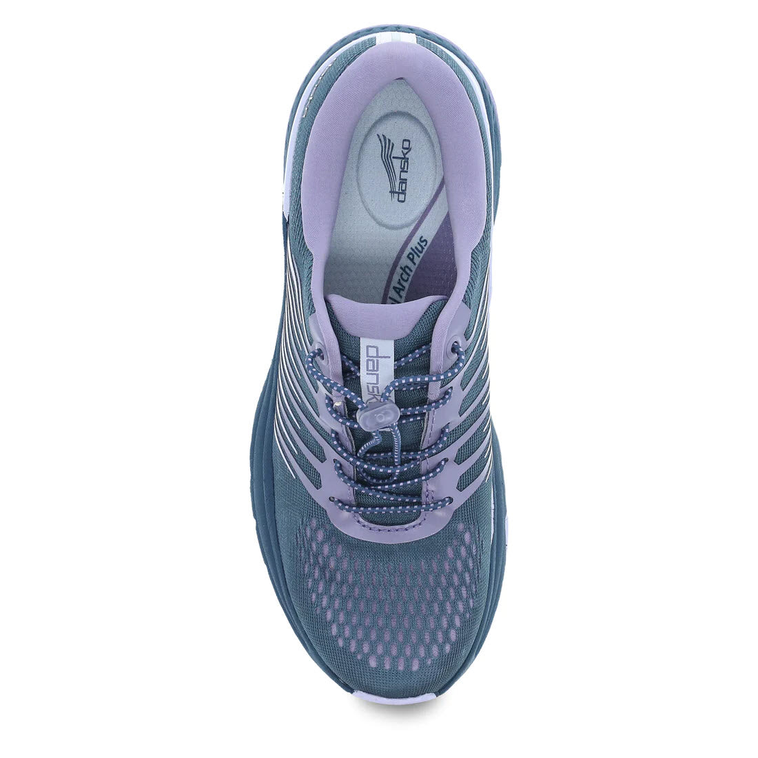 Top view of a pair of grey and blue Dansko Penni Denim Mesh - Womens Natural Arch Plus performance walking sneakers on a white background.