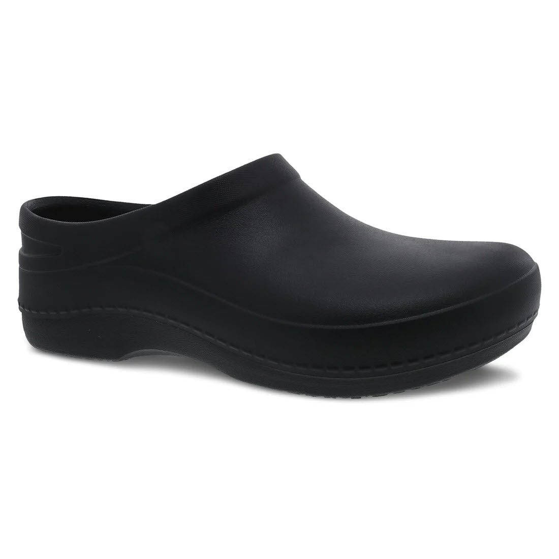 A black, slip-on clog with a smooth finish and a slightly elevated heel, featuring a slip-resistant rubber outsole, viewed from a side angle, such as the Dansko Kaci Black - Womens.