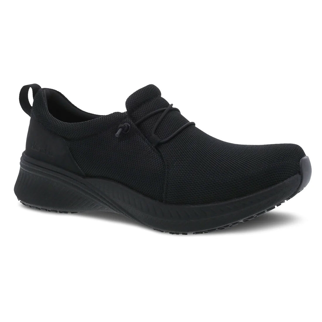 A single Dansko Marlee Black Mesh athletic shoe with a slip-on design, featuring a toggle lacing system and a slip-resistant rubber outsole.