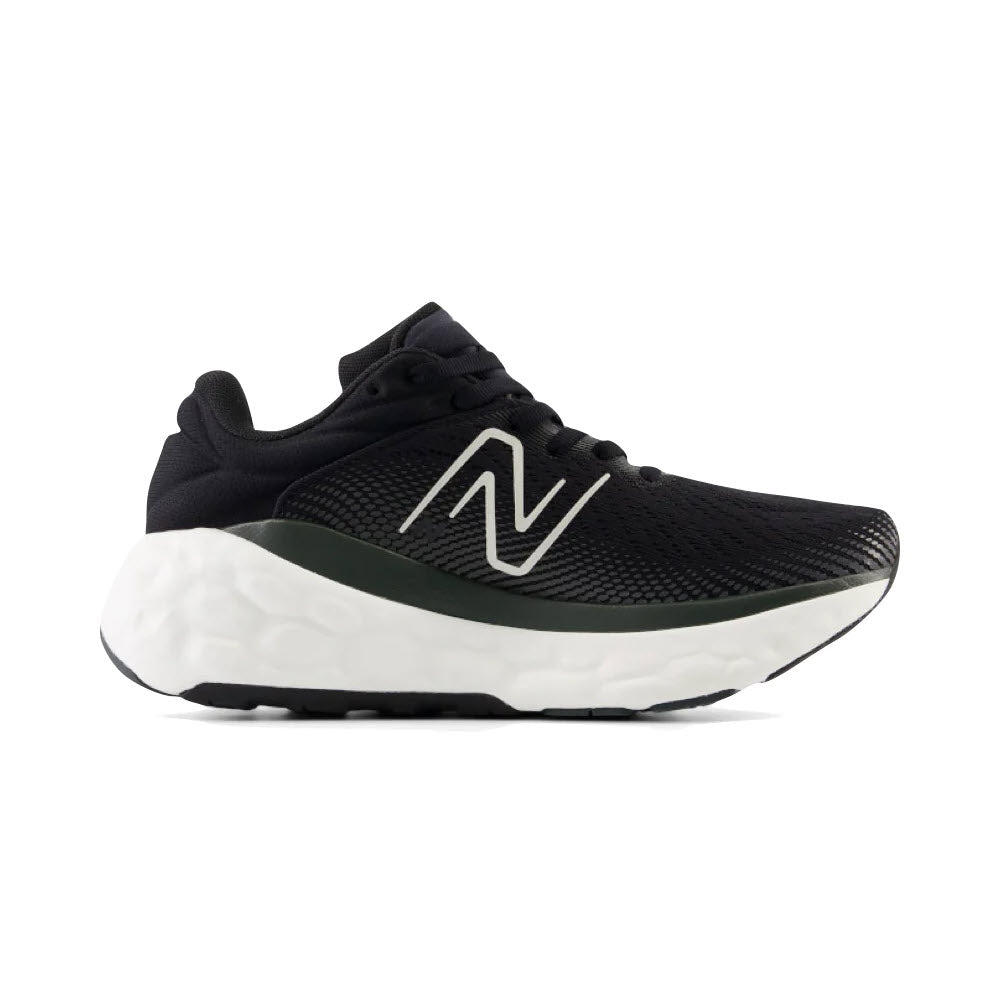 Sentence with product replaced: Black and white New Balance Fresh Foam X 840v1 running shoe with a synthetic upper on a white background.