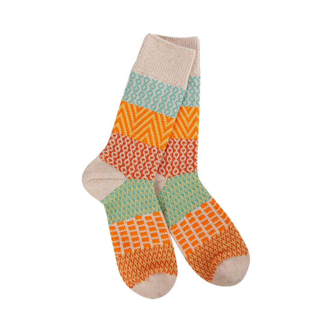 A pair of Worlds Softest Gallery Crew Socks Wheat for women with geometric designs in shades of orange, green, and white, displayed on a plain background.